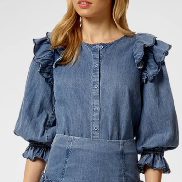 Stellah Blouse Women's Size Small Washed Blue Denim (2) rows of Ruffles Preppy - Picture 1 of 5